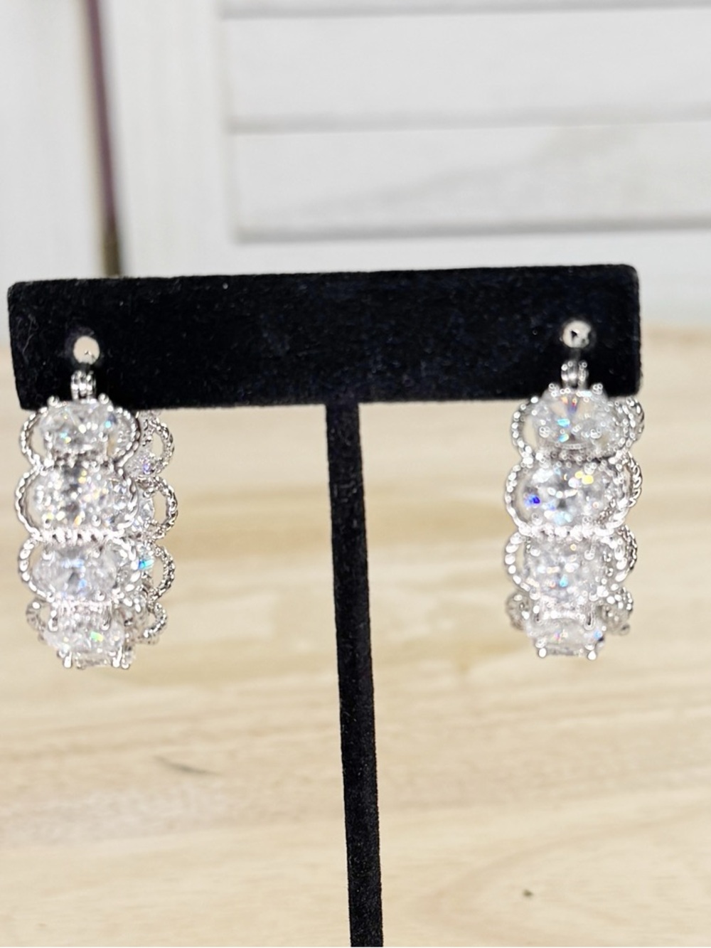QVC Chunky Rhinestone Silver Tone Hoop Earrings Large Sparkly Classic - Picture 2 of 11
